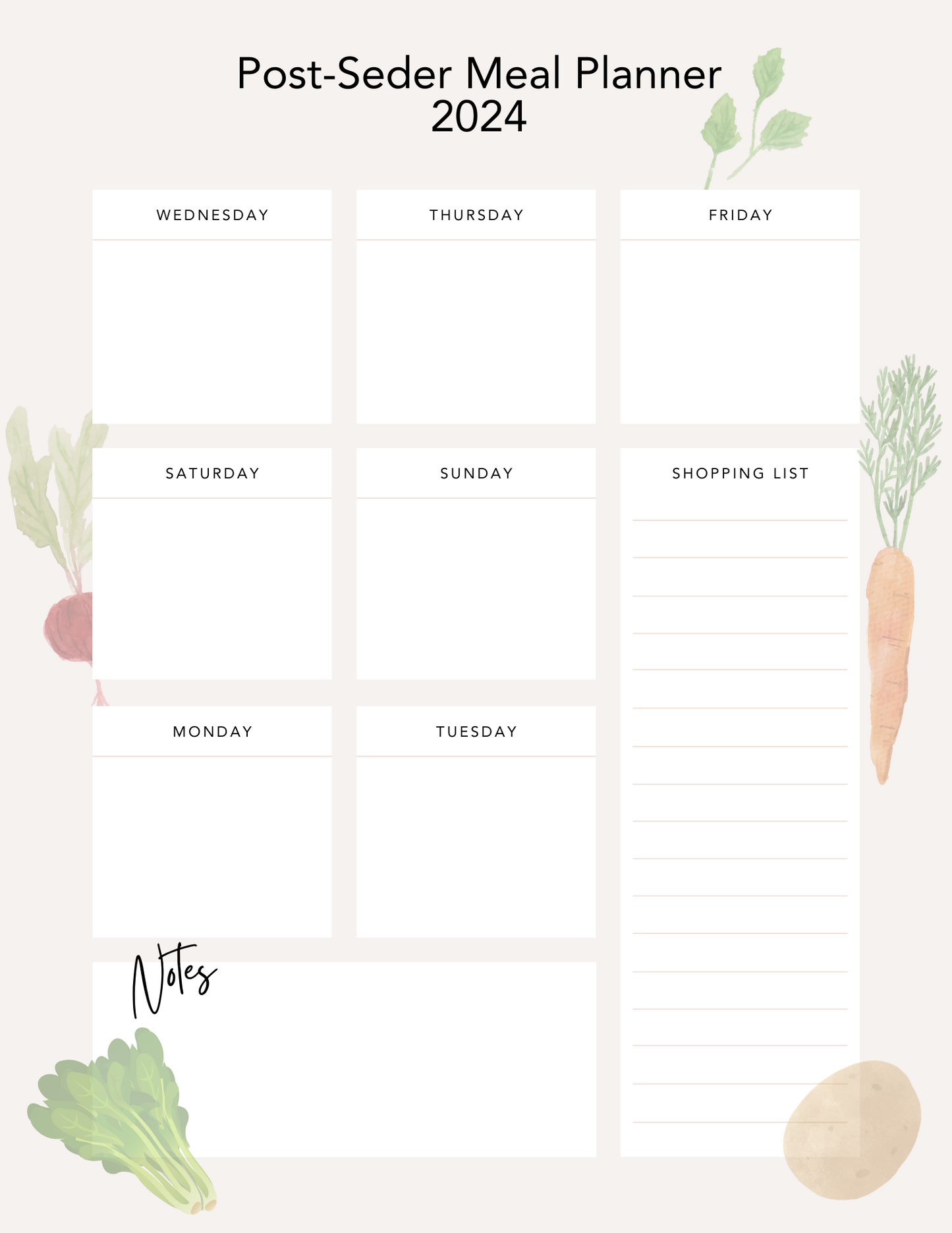 Image of blank planner segments for the remaining days of Passover.